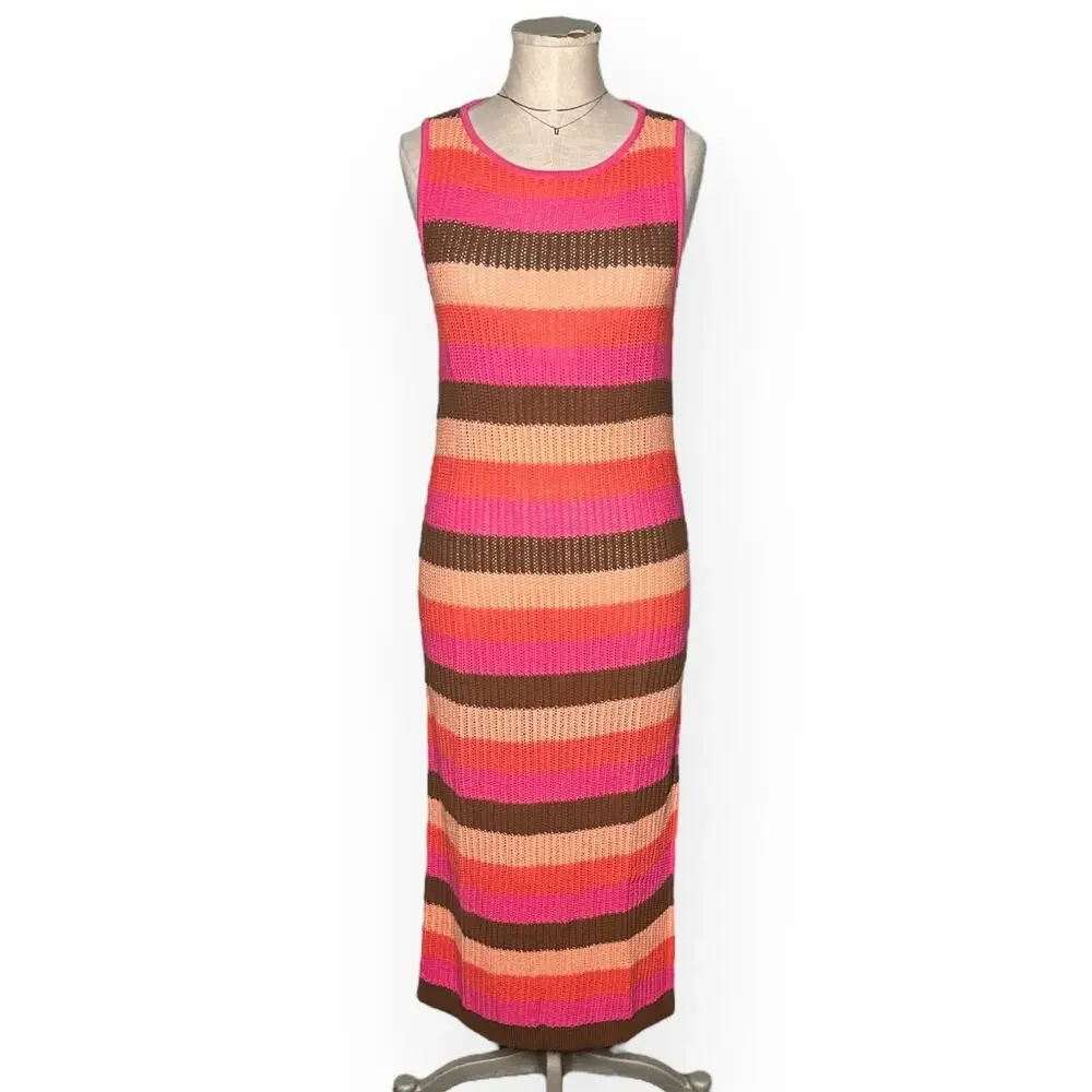New $120 BANANA REPUBLIC Open-Stitch Midi Sweater Knit Dress Striped Pool Beach
